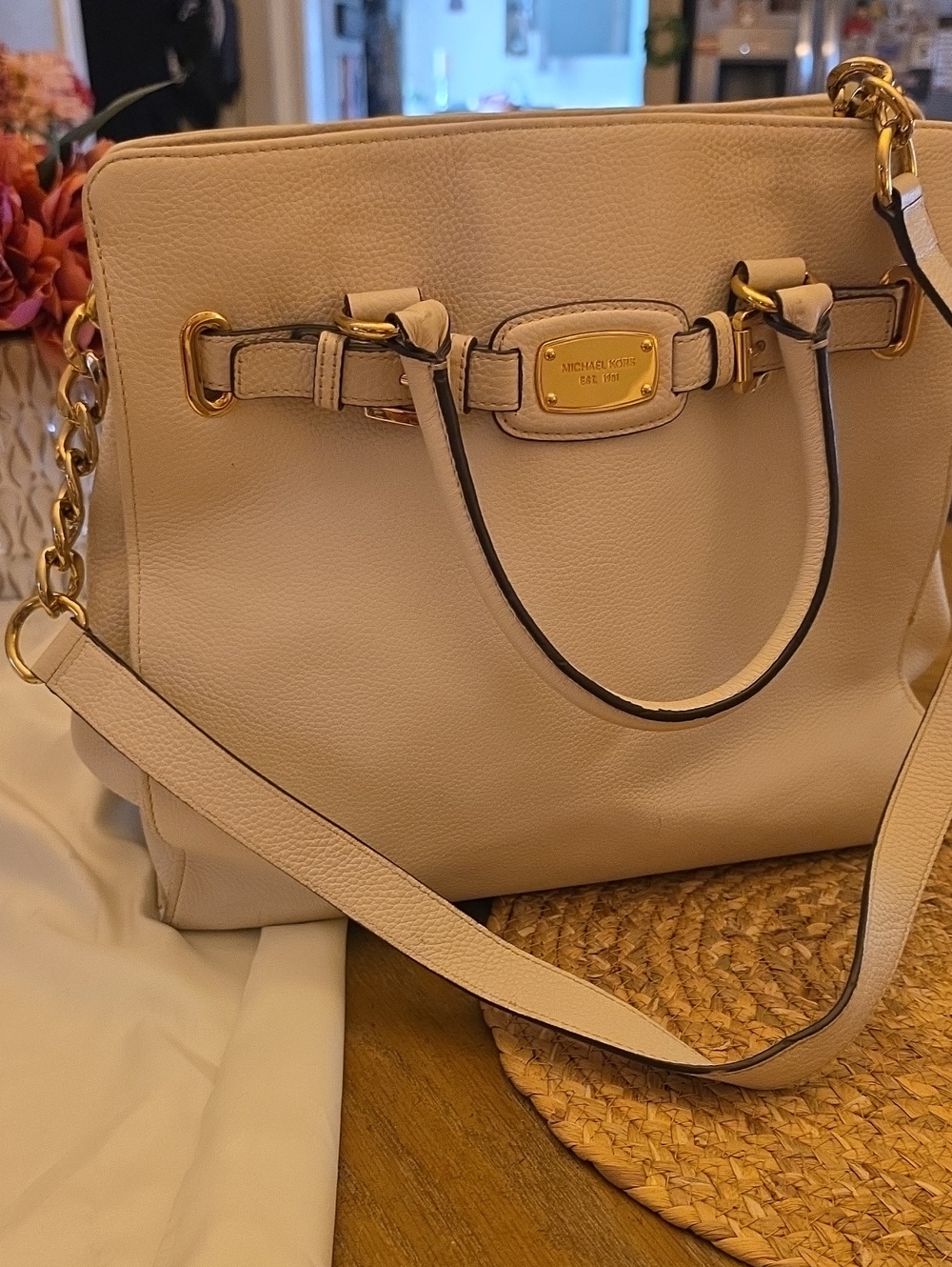 Michael Kors Beige Leather Shoulder Tote with Gold Hardware